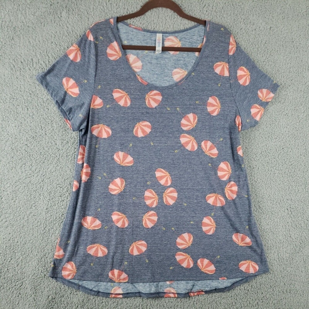 Lularoe Irma Tunic Size XXXL Blue With Umbellas Blouse Top Short Sleeve